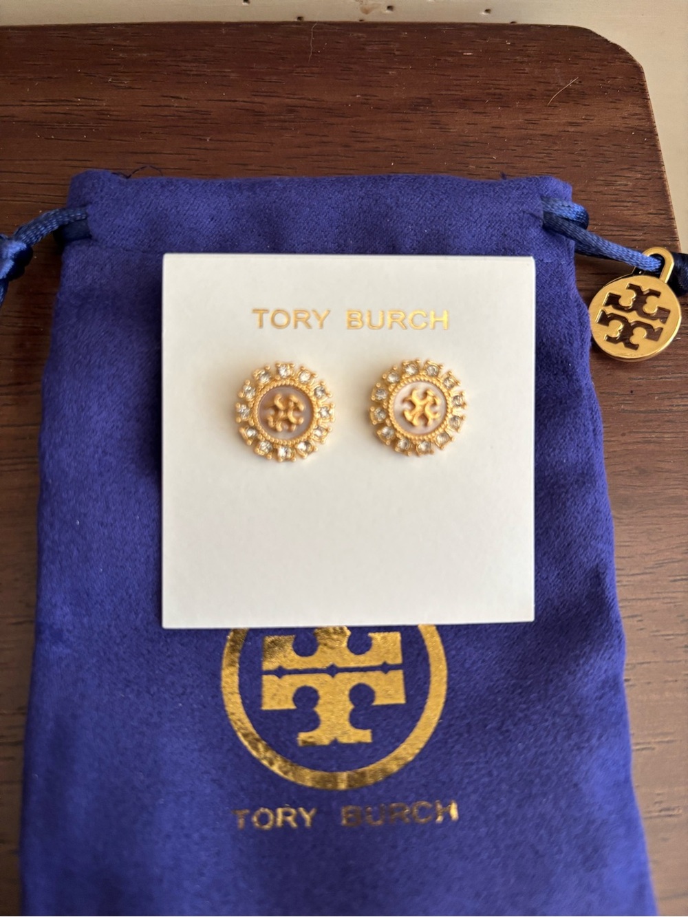 Tory Burch Gold-tone moondance crystal Studs, brand new! Mother of pearl